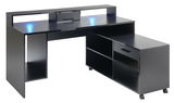 Moderner Gaming-Schreibtisch in schwarzer Farbe mit blauer LED-Beleuchtung, Schubladen und Regalen, seitliche Perspektive.