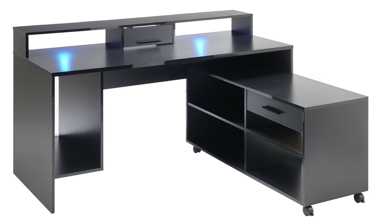 Moderner Gaming-Schreibtisch in schwarzer Farbe mit blauer LED-Beleuchtung, Schubladen und Regalen, seitliche Perspektive.