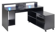 Moderner Gaming-Schreibtisch in schwarzer Farbe mit blauer LED-Beleuchtung, Schubladen und Regalen, seitliche Perspektive.