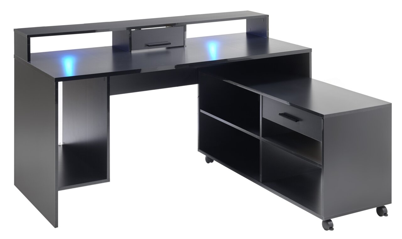 Moderner Gaming-Schreibtisch in schwarzer Farbe mit blauer LED-Beleuchtung, Schubladen und Regalen, seitliche Perspektive.