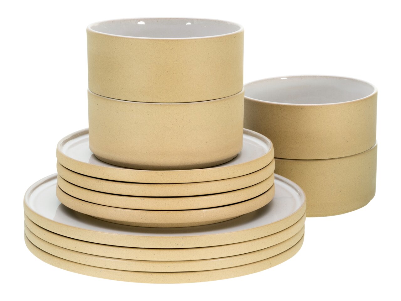 Tellerset Futuro White Sand 12, bestehend aus stapelbaren Tellern und Schalen in sandfarbener Keramik, seitliche Perspektive