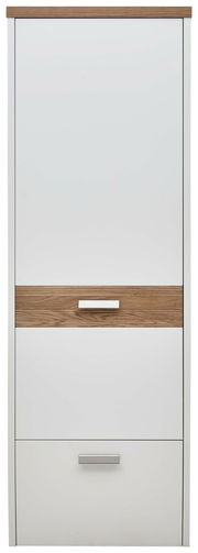 Moderner Hängegarderobenschrank in Weiß mit Holzdetails, Frontalansicht