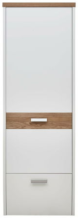 Moderner Hängegarderobenschrank in Weiß mit Holzdetails, Frontalansicht