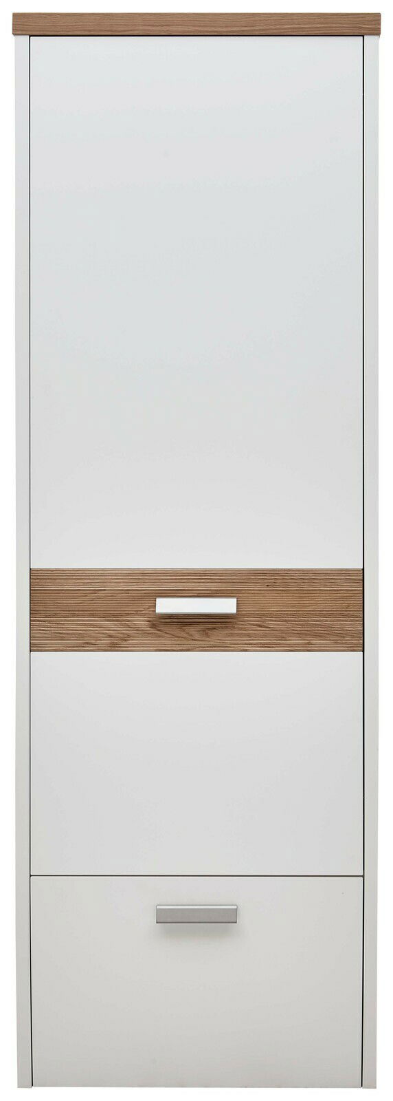 Moderner Hängegarderobenschrank in Weiß mit Holzdetails, Frontalansicht