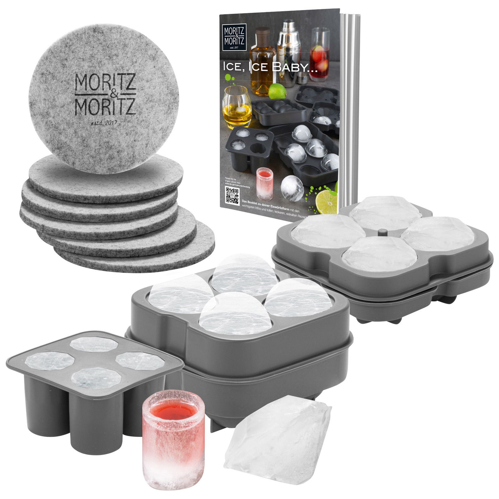 Eiswürfelform Set mit runden Formen und Filzuntersetzern, perspektivisch von vorne gezeigt.