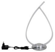 Silberne LED-Schreibtischlampe im tropfenförmigen Design mit rundem Standfuß, Netzkabel und Schalter, freigestellt auf weißem Hintergrund, Frontansicht