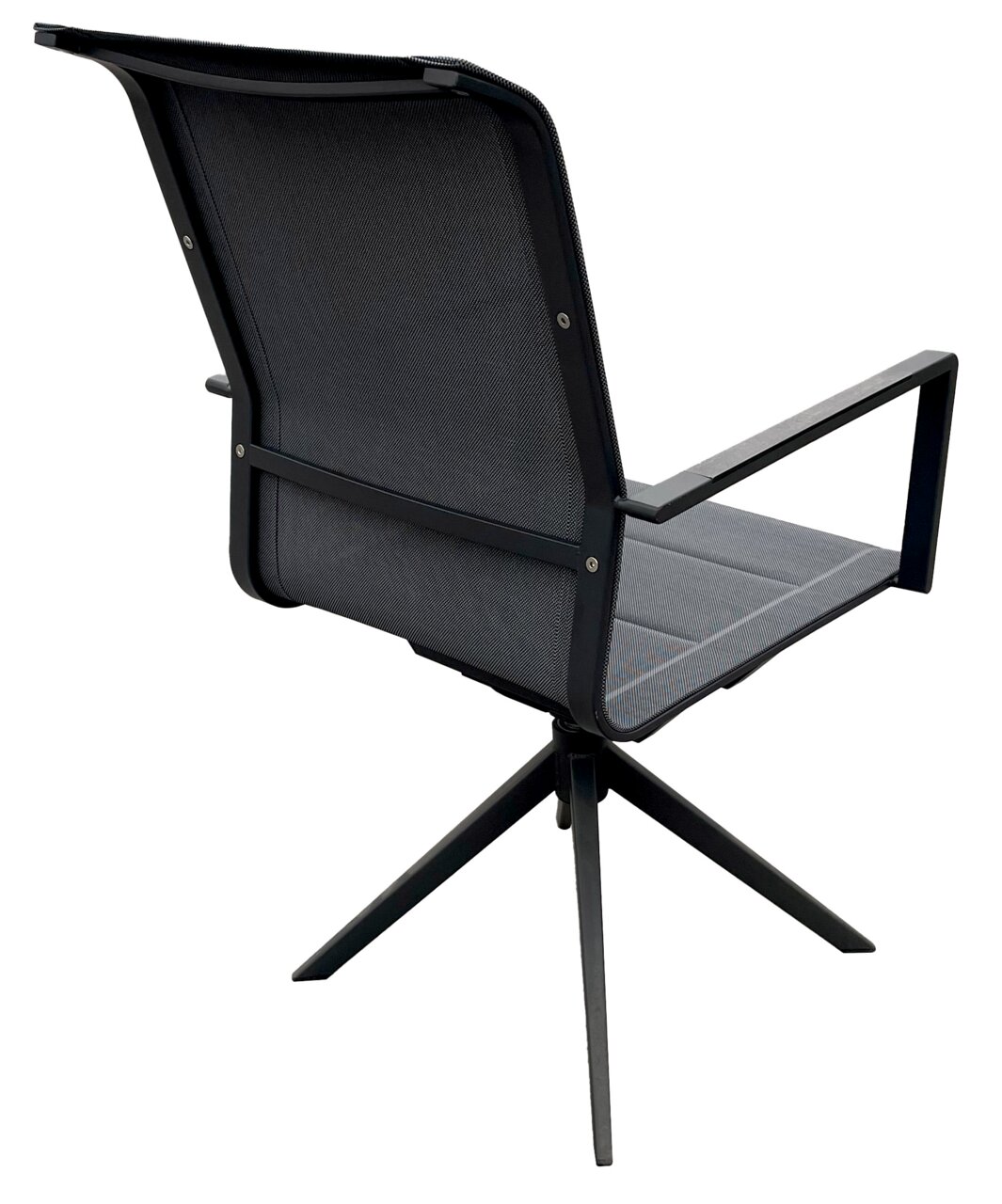 Moderner Gartensessel mit schwarzem Metallrahmen und Netzbespannung, Rückansicht