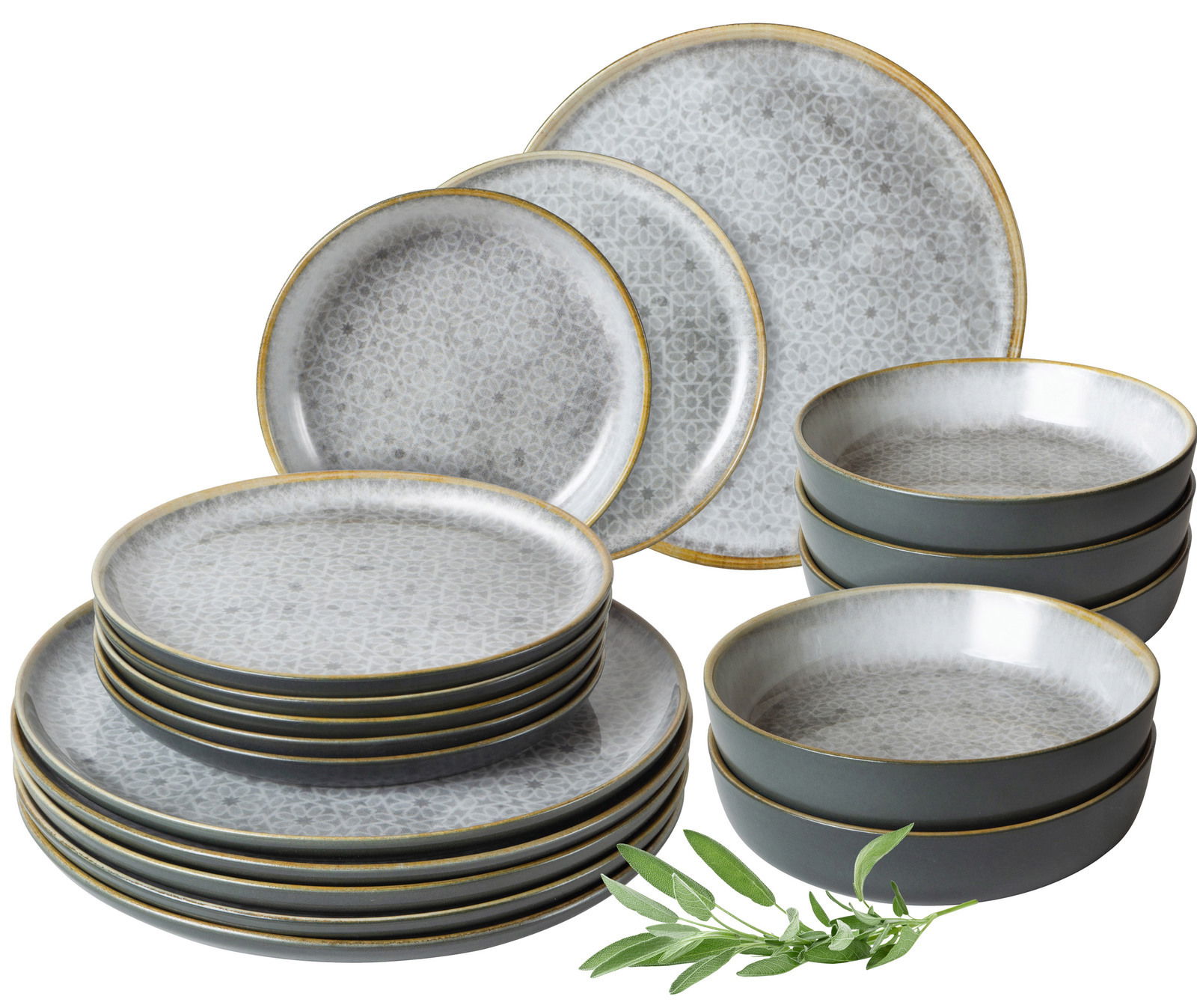 Moritz & Moritz Geschirrset 18-tlg. TERRA Geschirrset Terra 18-tlg. in Grau von Moritz & Moritz, bestehend aus Tellern und Schalen mit feinem Muster und goldenen Rändern, aus seitlicher Perspektive fotografiert.
