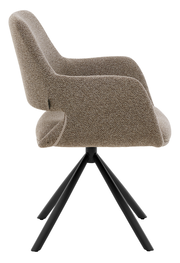 Seitenansicht eines modernen Armlehnstuhls mit beigem Stoffbezug und schwarzen Metallbeinen.