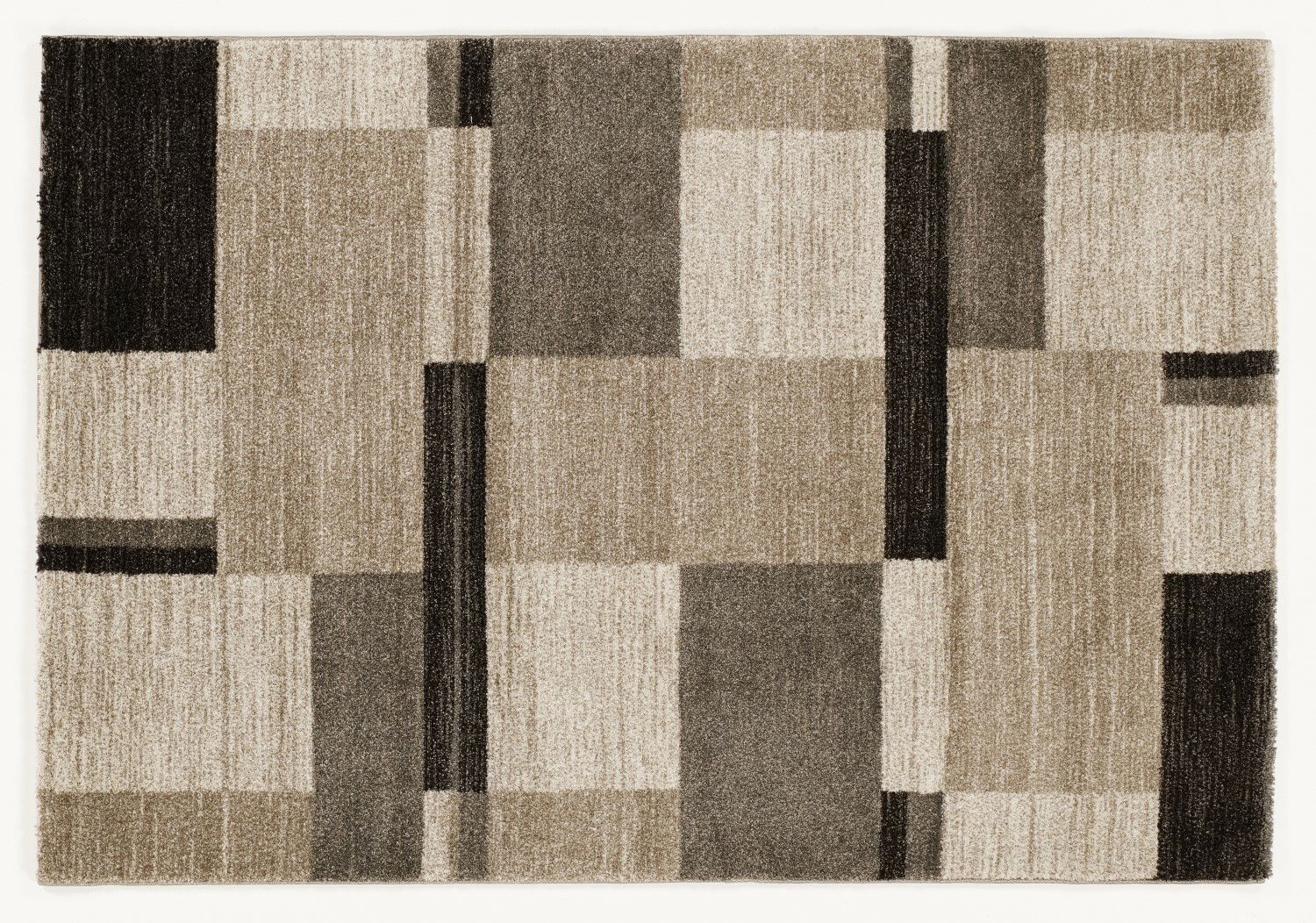 Moderner Teppich in neutralen Tönen mit geometrischem Muster, Draufsicht.