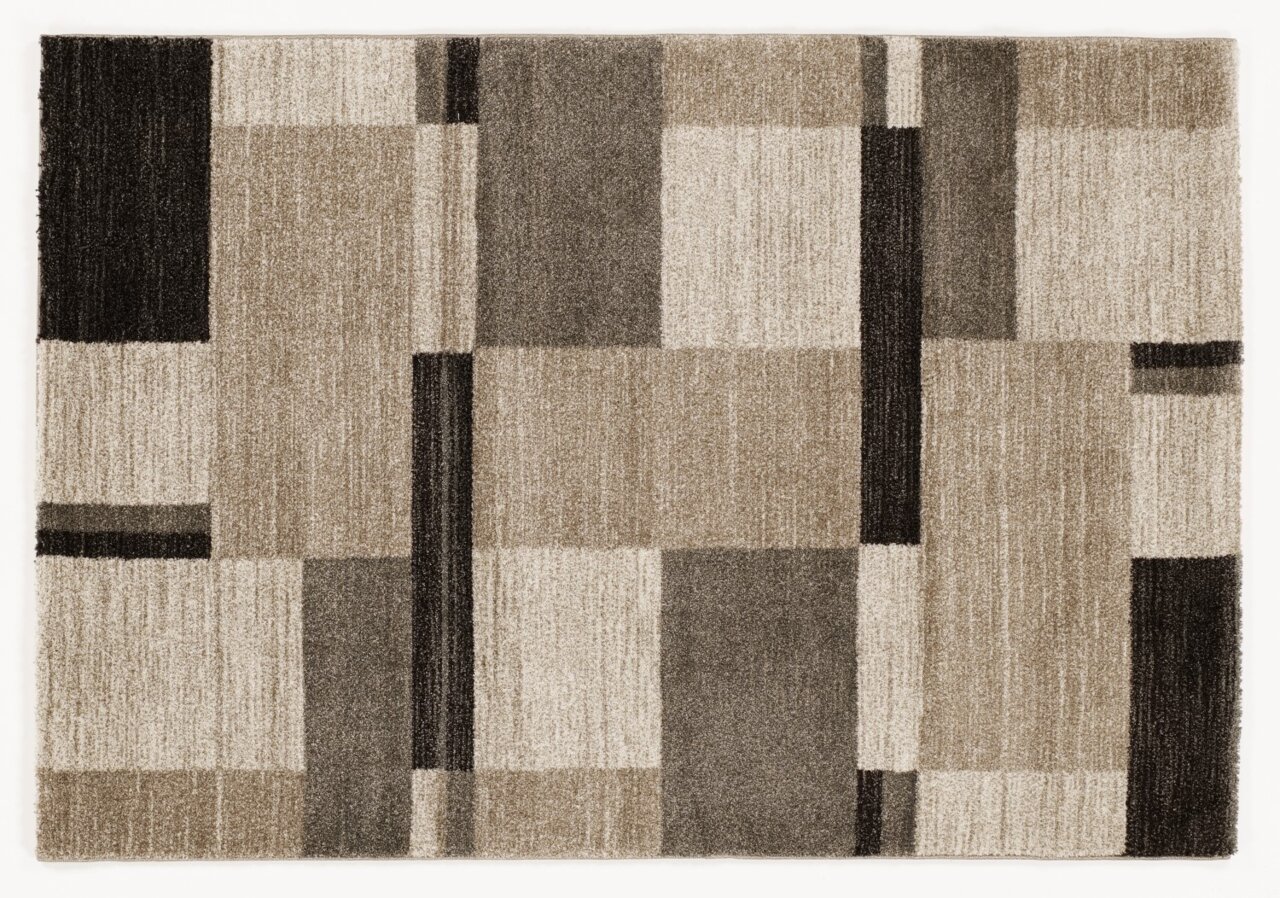 Moderner Teppich in neutralen Tönen mit geometrischem Muster, Draufsicht.