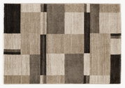 Moderner Teppich in neutralen Tönen mit geometrischem Muster, Draufsicht.