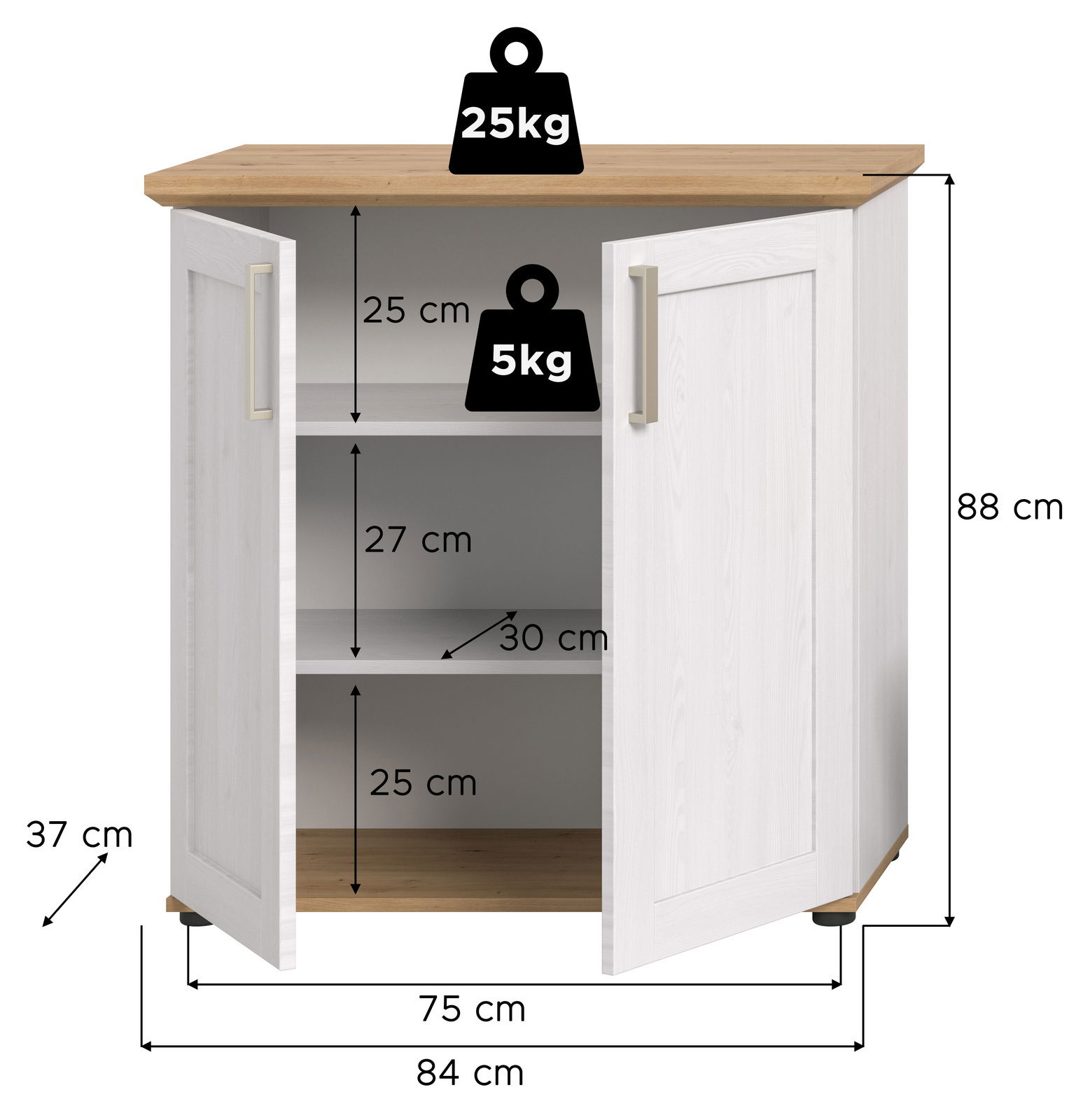 Weißes Highboard mit zwei offenen Türen, Holzoberfläche, zwei Einlegeböden und Belastungsgrenzen von 25 kg oben und 5 kg pro Regal. Frontale Perspektive.