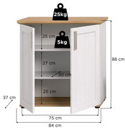 Weißes Highboard mit zwei offenen Türen, Holzoberfläche, zwei Einlegeböden und Belastungsgrenzen von 25 kg oben und 5 kg pro Regal. Frontale Perspektive.