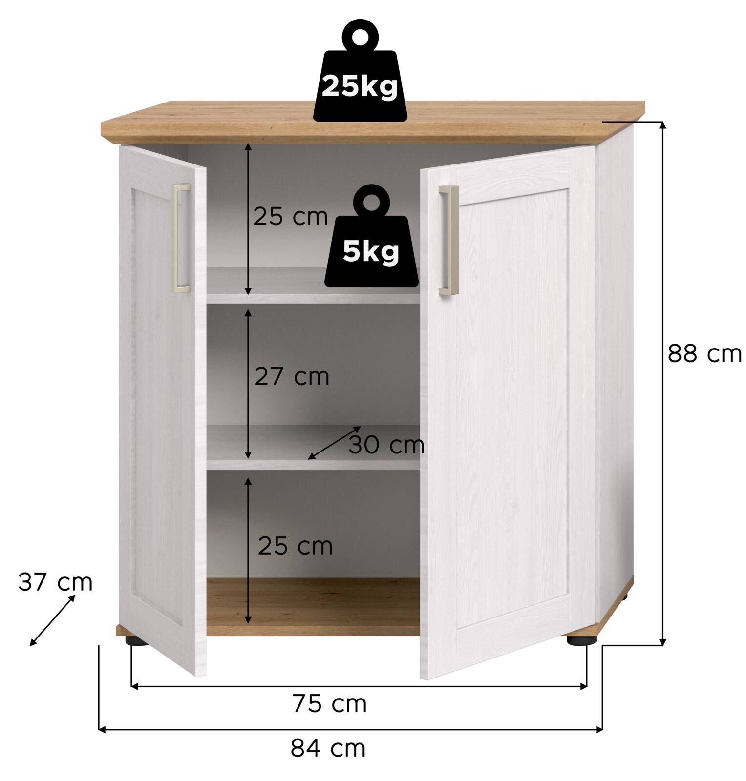 Weißes Highboard mit zwei offenen Türen, Holzoberfläche, zwei Einlegeböden und Belastungsgrenzen von 25 kg oben und 5 kg pro Regal. Frontale Perspektive.