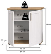 Weißes Highboard mit zwei offenen Türen, Holzoberfläche, zwei Einlegeböden und Belastungsgrenzen von 25 kg oben und 5 kg pro Regal. Frontale Perspektive.