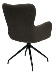 Rückansicht eines braunen Armlehnstuhls mit schwarzem Metallgestell und vier Beinen.