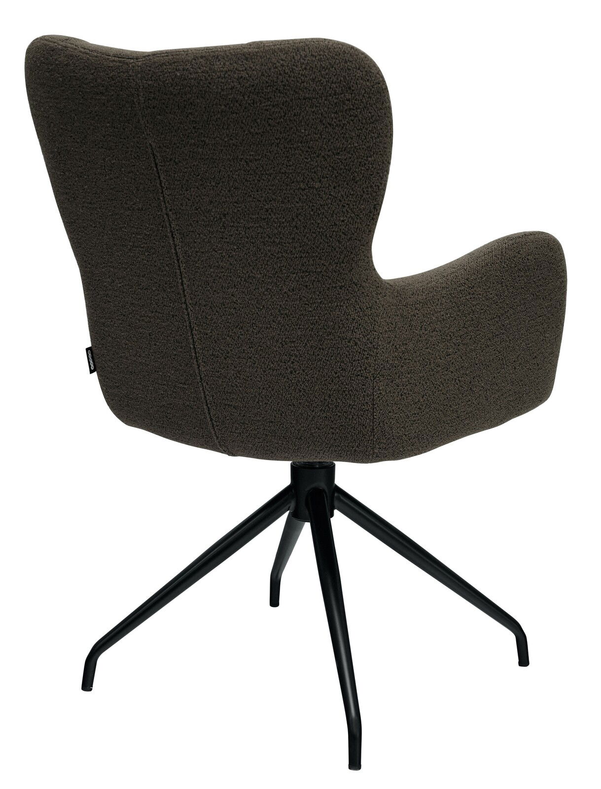 Rückansicht eines braunen Armlehnstuhls mit schwarzem Metallgestell und vier Beinen.