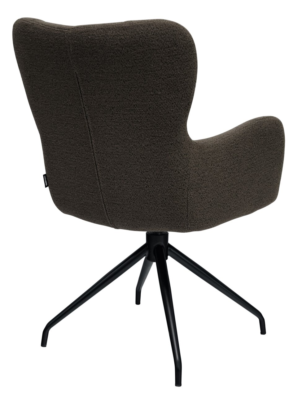Achterkant van een bruine fauteuil met een zwart metalen frame en vier poten.