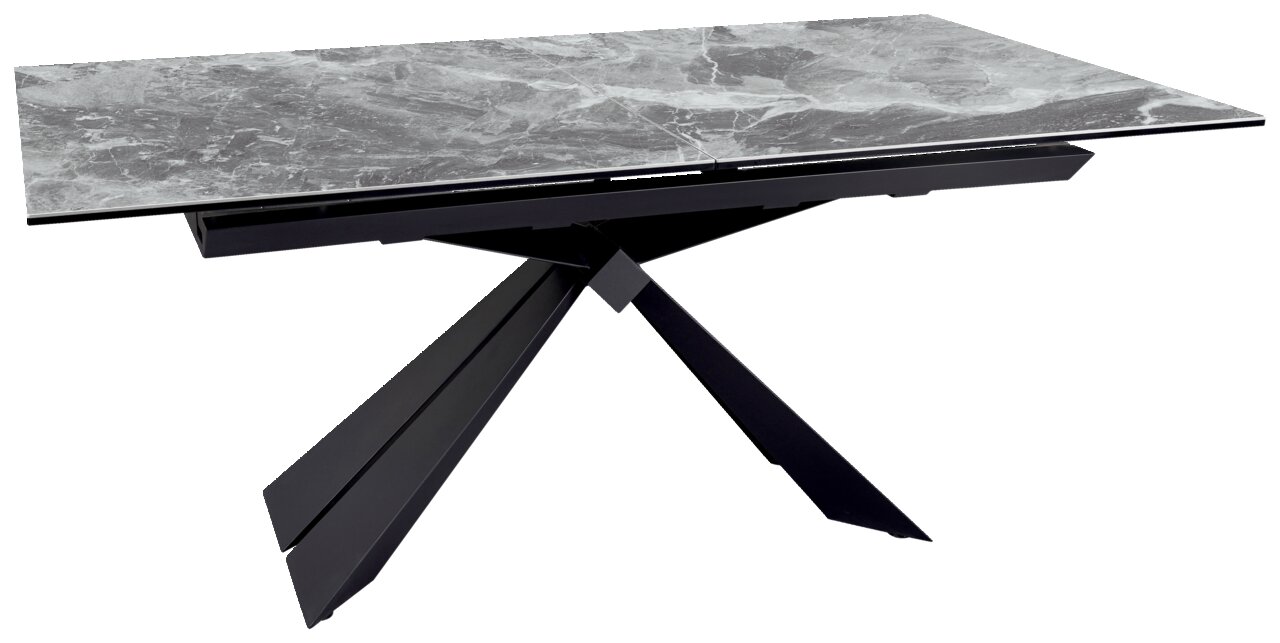 Novel Esstisch ORLANDO Moderner Esstisch mit grauer Marmorplatte und schwarzem, geometrischem Untergestell, seitliche Perspektive