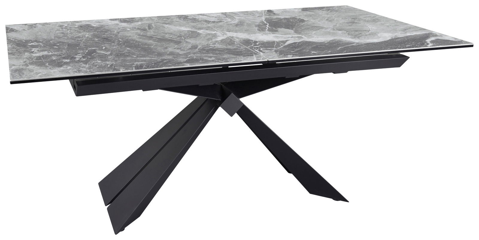 Moderner Esstisch mit grauer Marmorplatte und schwarzem, geometrischem Untergestell, seitliche Perspektive