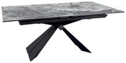 Moderne eettafel met grijs marmeren blad en zwart, geometrisch onderstel, zijaanzicht