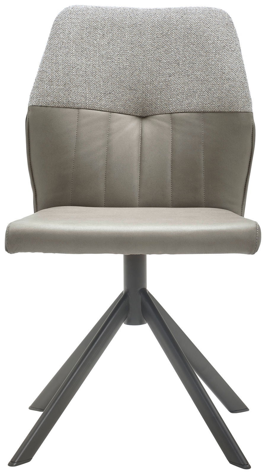 Moderner Stuhl mit grauem Stoffbezug und gepolsterter Sitzfläche, Vorderansicht