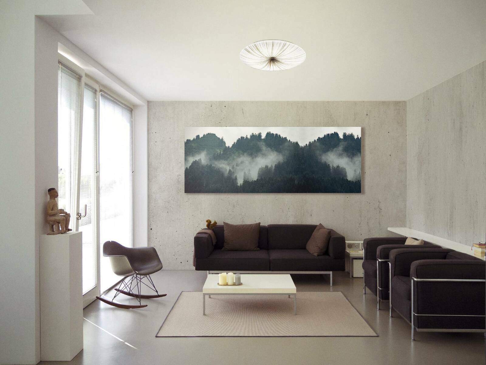 Moderne LED-Deckenleuchte NIEVES in einem stilvollen Wohnzimmer, von unten betrachtet.