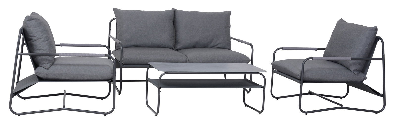 Loungegarnitur in grauer Farbe, bestehend aus einem Sofa, zwei Sesseln und einem Couchtisch, frontal betrachtet.
