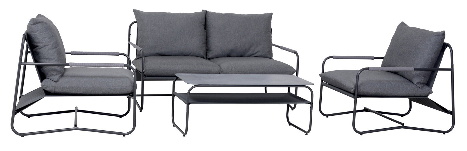 Loungegarnitur in grauer Farbe, bestehend aus einem Sofa, zwei Sesseln und einem Couchtisch, frontal betrachtet.