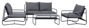 Loungegarnitur in grauer Farbe, bestehend aus einem Sofa, zwei Sesseln und einem Couchtisch, frontal betrachtet.