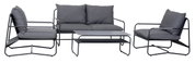 Loungegarnitur in grauer Farbe, bestehend aus einem Sofa, zwei Sesseln und einem Couchtisch, frontal betrachtet.