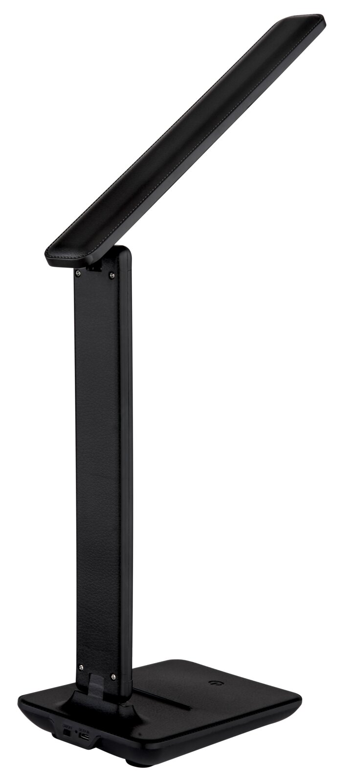 Moderne schwarze Tischleuchte mit schlankem, verstellbarem Arm, seitliche Perspektive