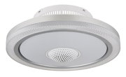 LED-Deckenventilator in Nahaufnahme von unten, mit modernem Design und integriertem Lautsprecher.