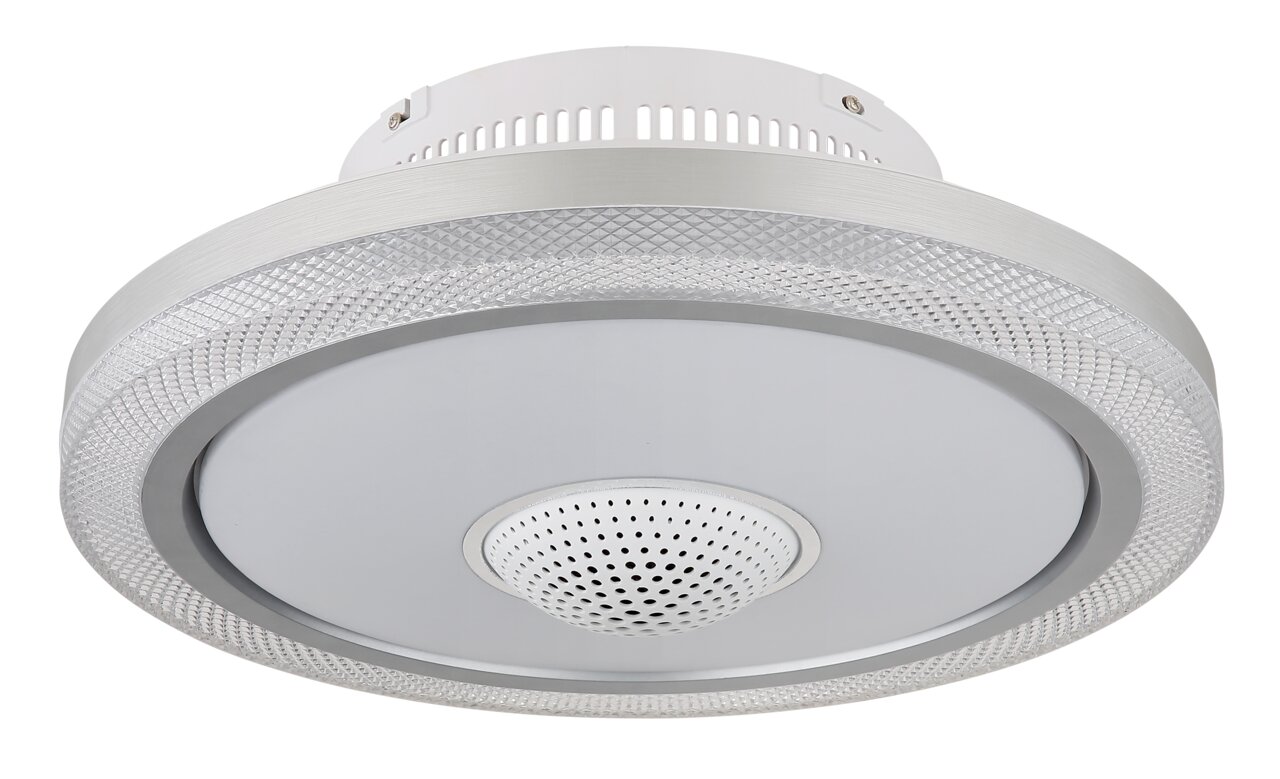 LED-Deckenventilator in Nahaufnahme von unten, mit modernem Design und integriertem Lautsprecher.