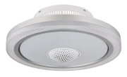 LED-Deckenventilator in Nahaufnahme von unten, mit modernem Design und integriertem Lautsprecher.