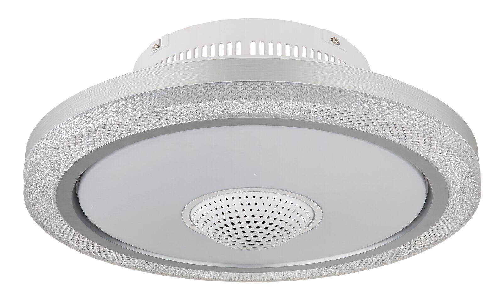 LED-Deckenventilator in Nahaufnahme von unten, mit modernem Design und integriertem Lautsprecher.