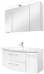 Moderne Badkombination mit Spiegelschrank und Waschbeckenunterschrank, frontal abgebildet.