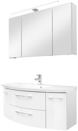 Moderne Badkombination mit Spiegelschrank und Waschbeckenunterschrank, frontal abgebildet.