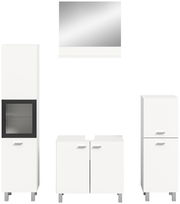 Moderne Badkombination in Weiß mit Spiegelschrank, hohem Schrank mit Glastür und Unterschrank, frontale Ansicht