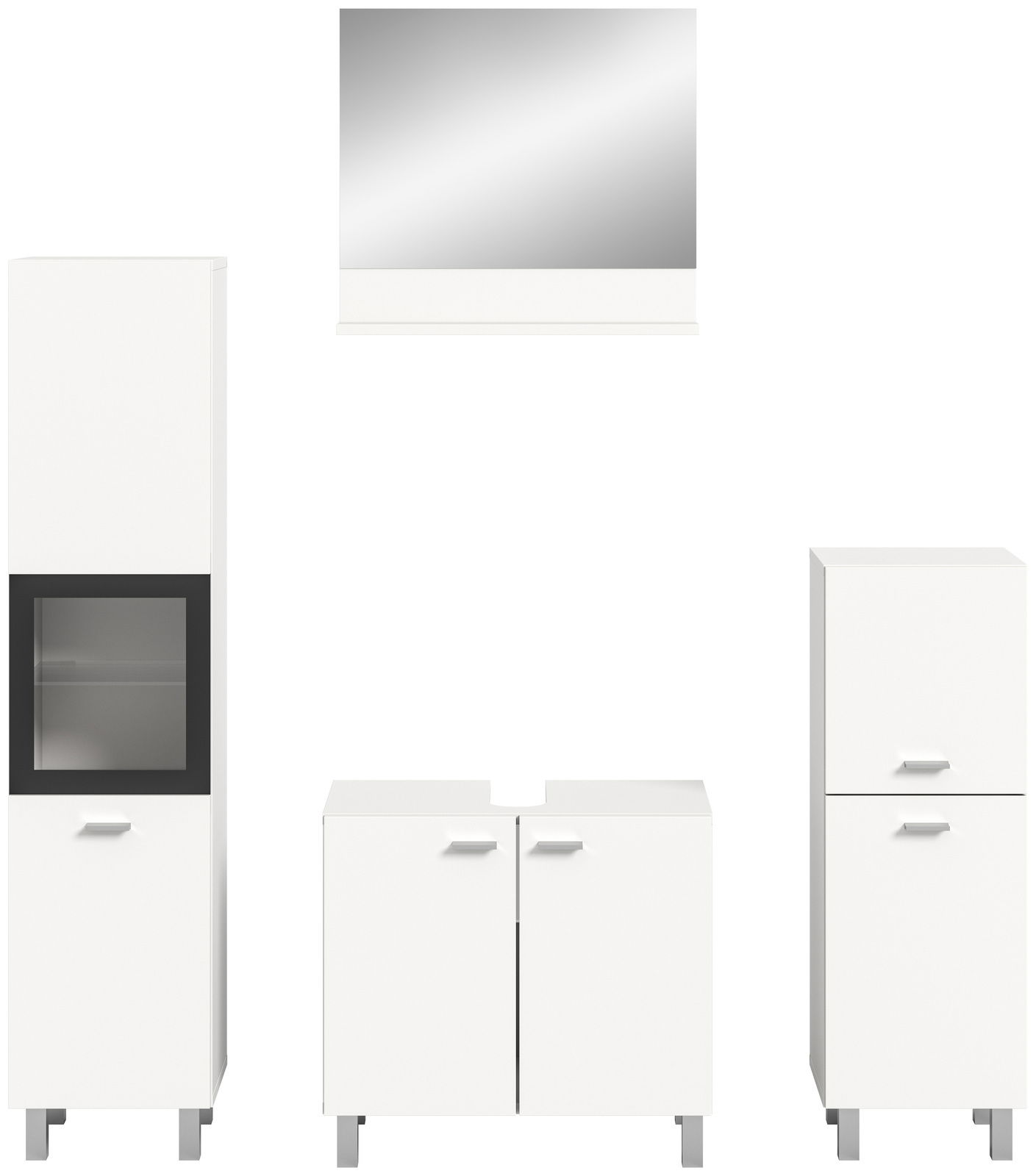 Moderne Badkombination in Weiß mit Spiegelschrank, hohem Schrank mit Glastür und Unterschrank, frontale Ansicht