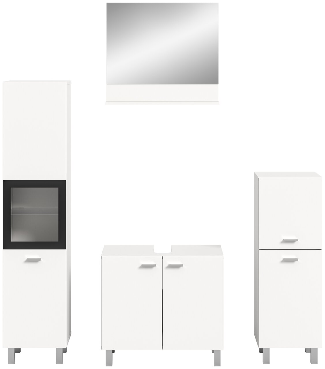 Moderne Badkombination in Weiß mit Spiegelschrank, hohem Schrank mit Glastür und Unterschrank, frontale Ansicht