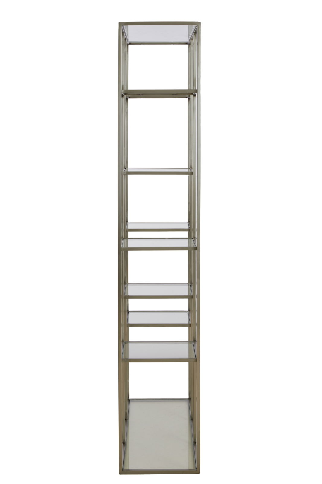 Metallisches Standregal mit mehreren Glasböden, frontale Ansicht