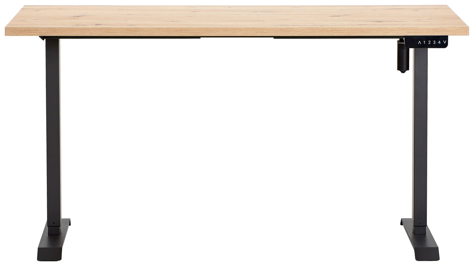 Höhenverstellbarer Tisch mit Holzplatte und schwarzem Metallgestell, Frontalansicht