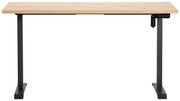Höhenverstellbarer Tisch mit Holzplatte und schwarzem Metallgestell, Frontalansicht