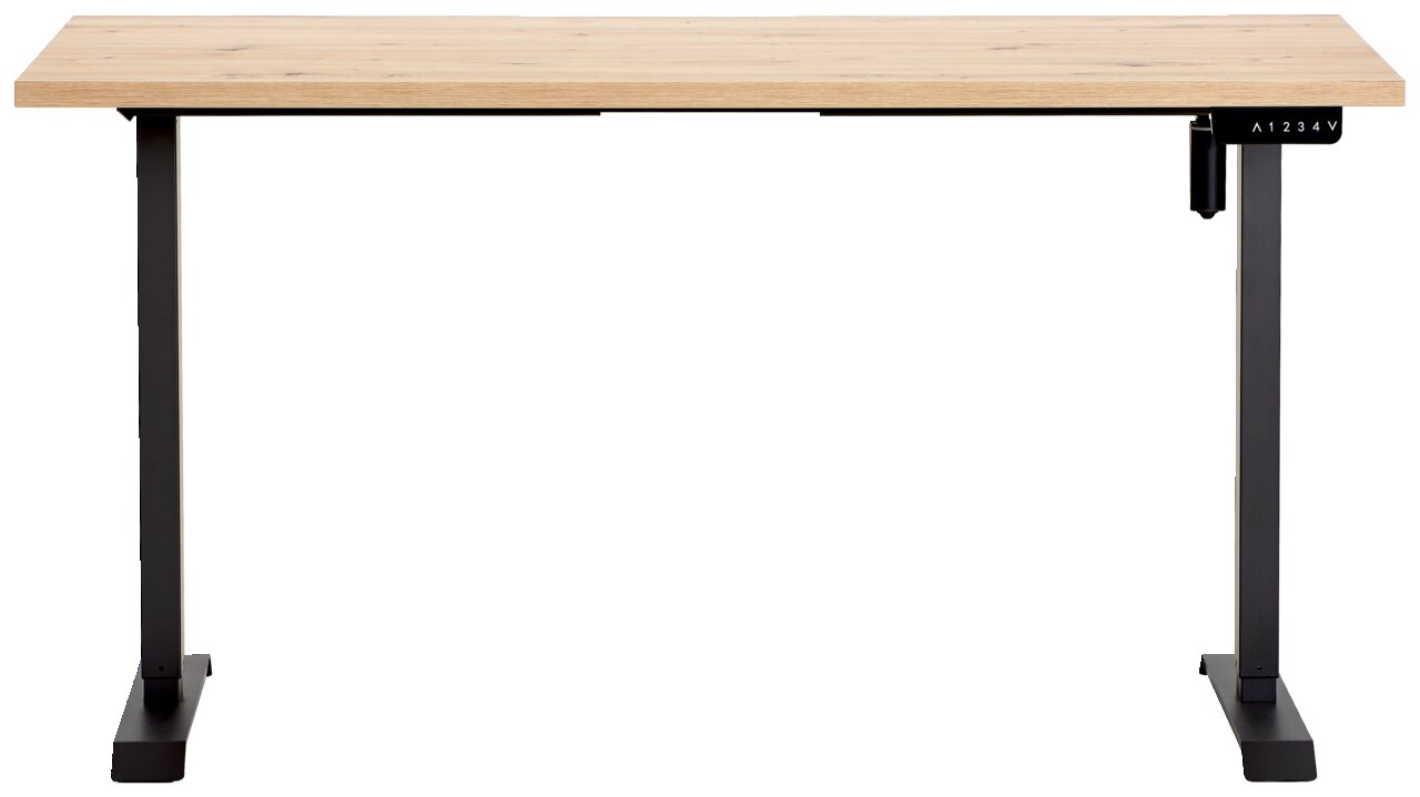 Höhenverstellbarer Tisch mit Holzplatte und schwarzem Metallgestell, Frontalansicht