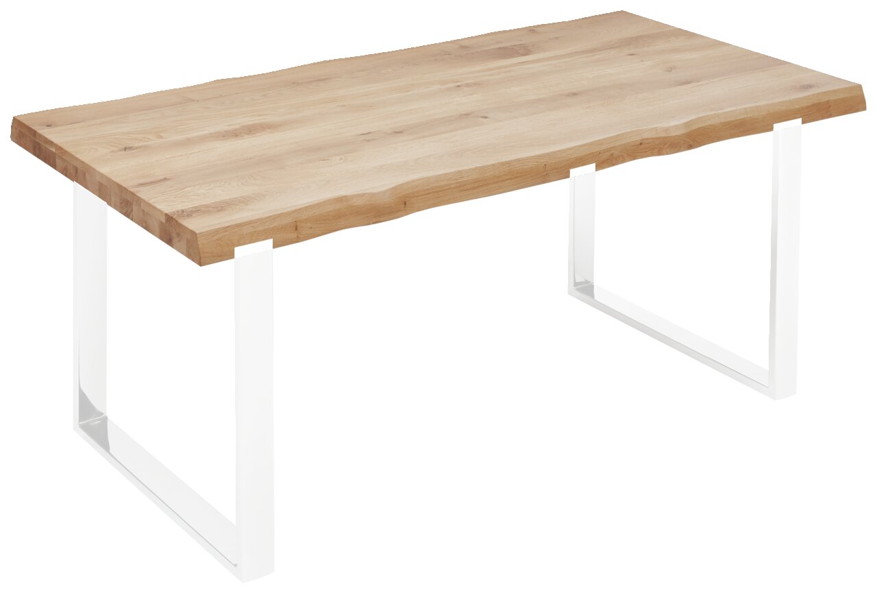 Holztischplatte mit natürlicher Kante auf weißen Metallbeinen, seitliche Perspektive