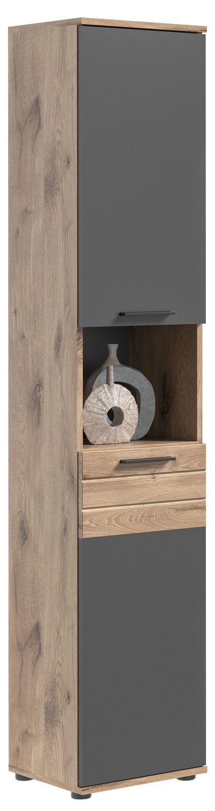 MID.YOU Hochschrank MASON Hochschrank in Holzoptik mit grauen Türen, seitliche Perspektive
