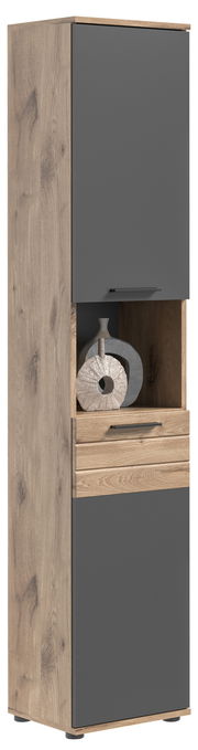 Hochschrank in Holzoptik mit grauen Türen, seitliche Perspektive
