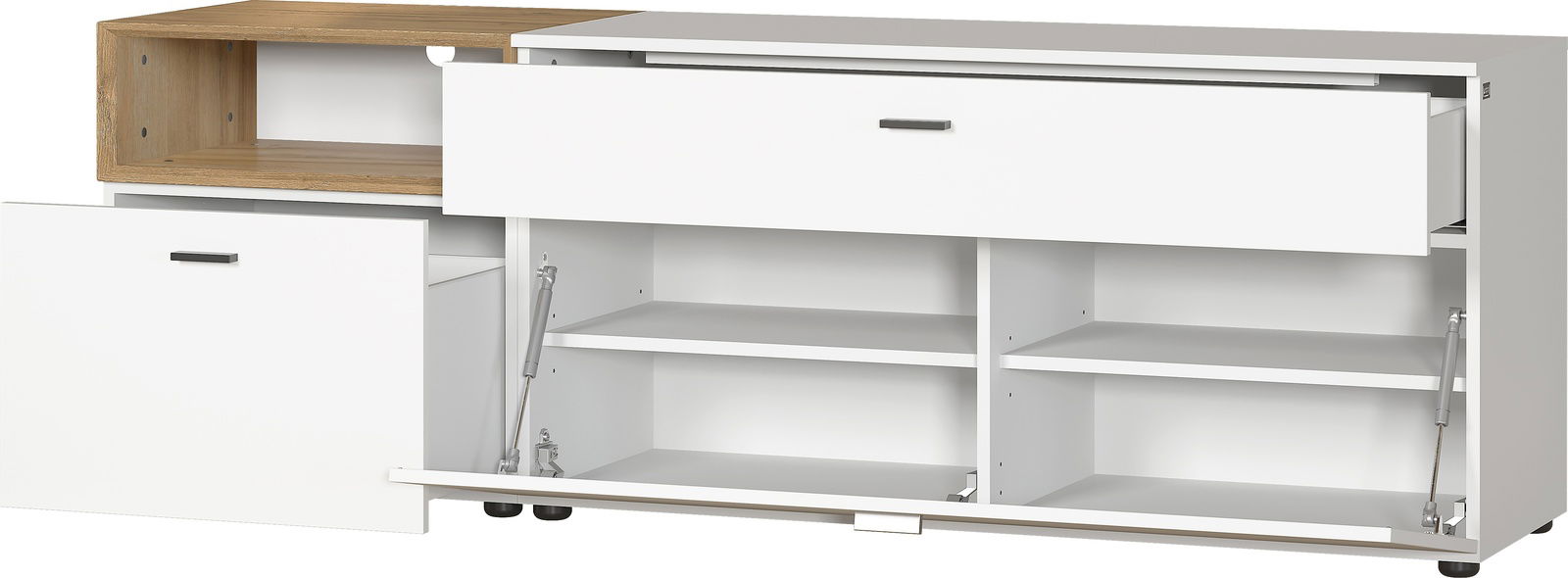 Weißes Lowboard mit offenen Schubladen und Fächern, Perspektive von vorne